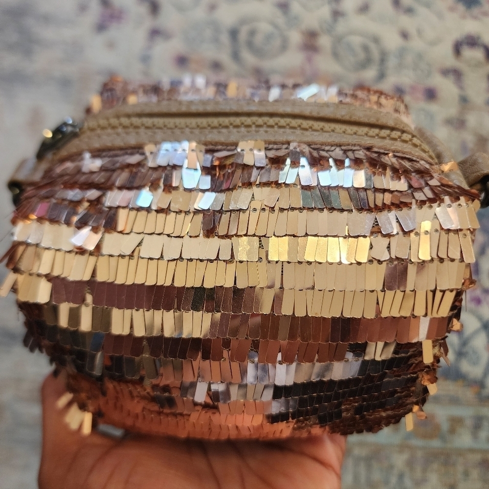 Gold Brown Sequin Mini Bag Crossbody Clutch Evening Purse OS